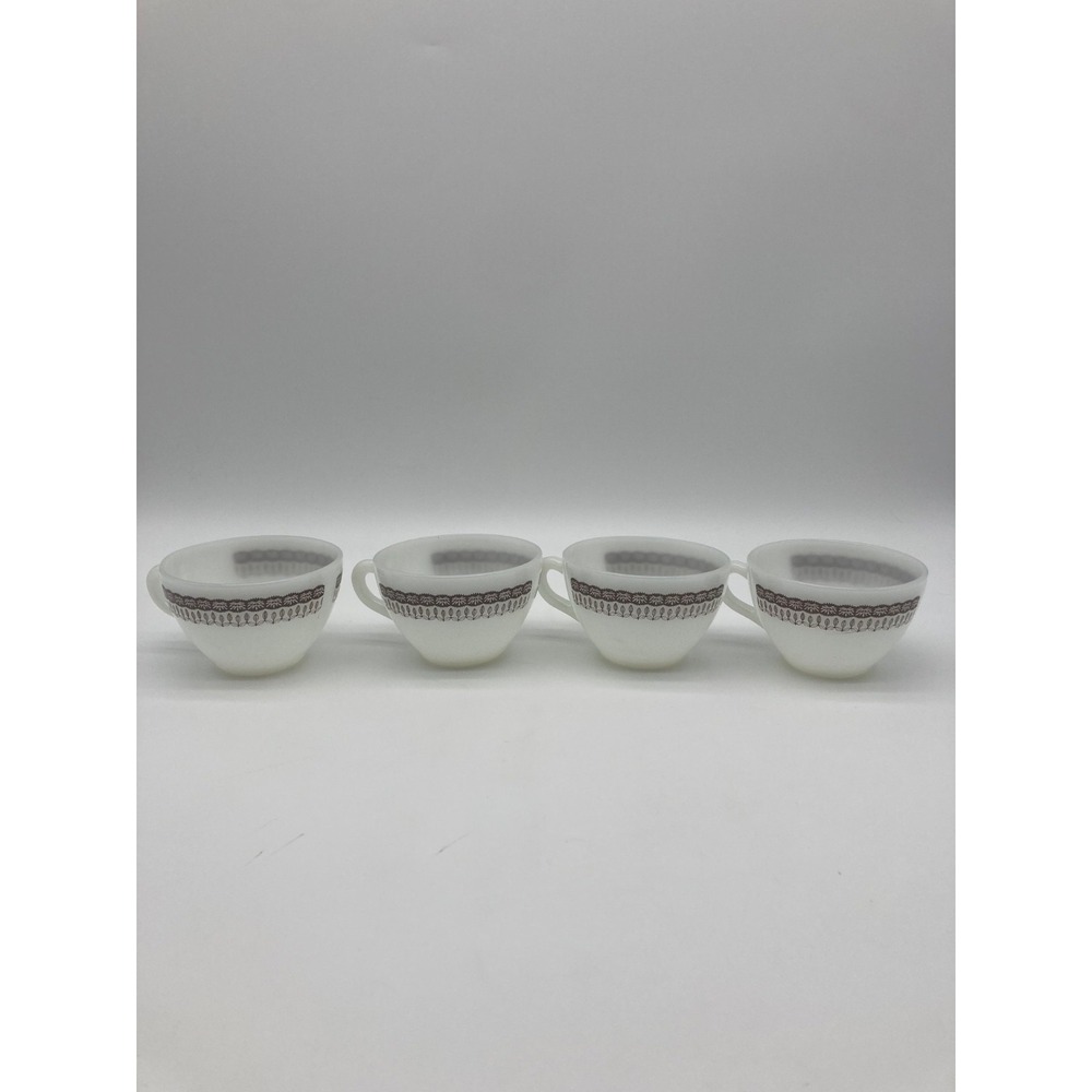 Vintage Termocrisa Milk Glass Coffee Cups Brown Floral Leaf Lace Pattern Set 4